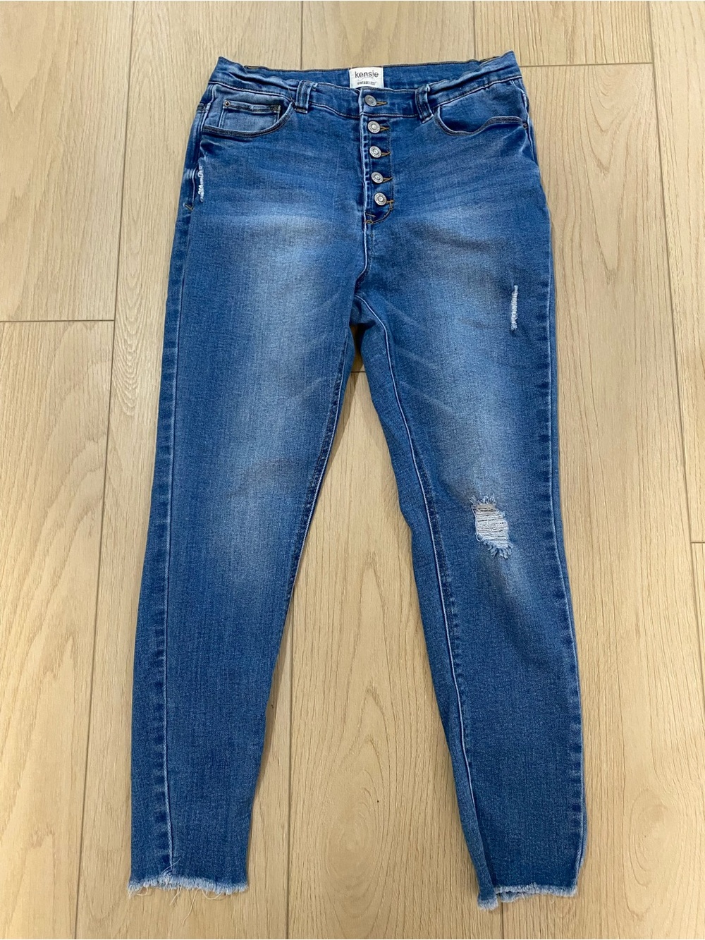 Kensie Button-Fly Distressed Skinny Jeans - Blue